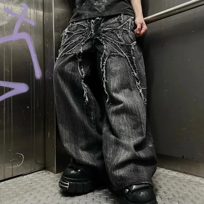Y2K Baggy Jeans vintage Splicing embroidery Pattern high quality jeans Hip Hop Gothic Streetwear men women Casual wide leg jeans — image 3