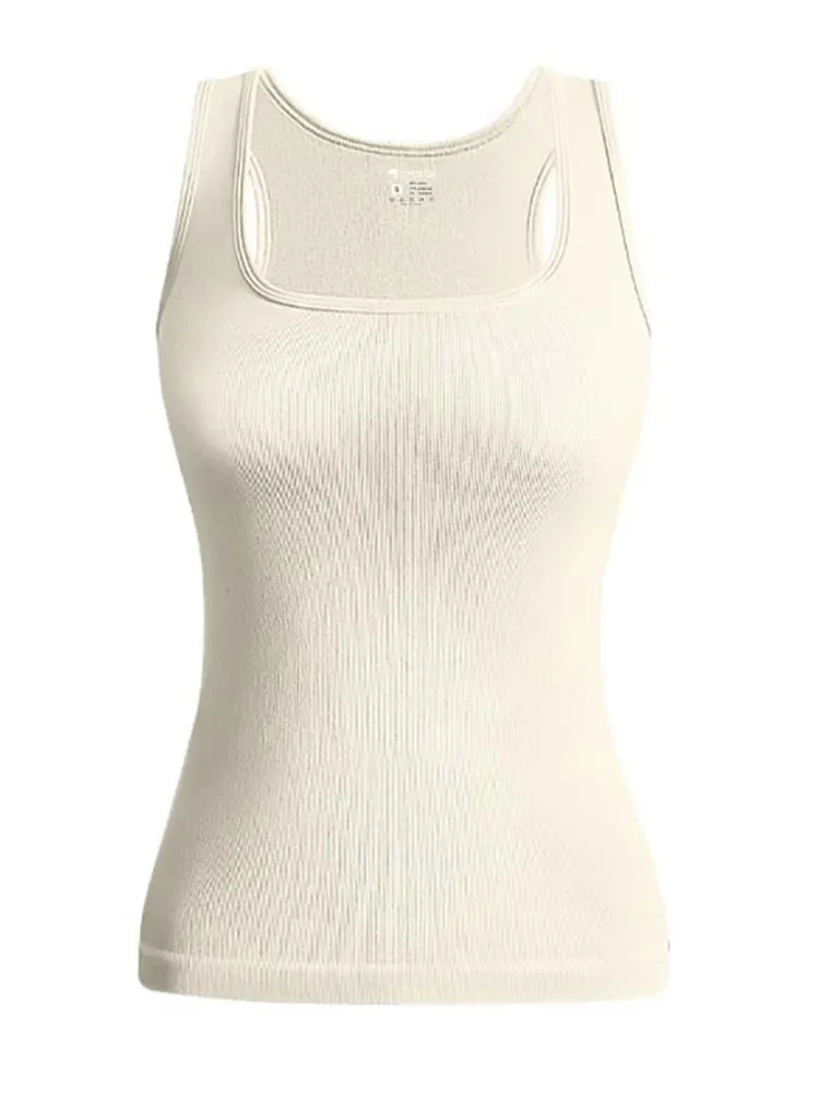 Hot Sale Musim Panas Wanita Asas Elastik Tank Top Tanpa Lengan Kolar Persegi Vest Kemeja-T Fesyen Fitness Yoga Top Kasual Wanita