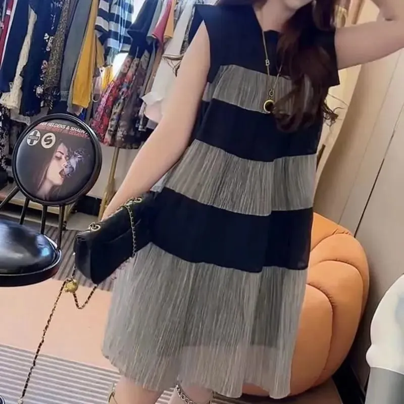 Casual Loose Patchwork Striped Dresses Female Clothing A-Line Contrasting Colors Summer Sleeveless Korean Round Neck Midi Dress — image 5