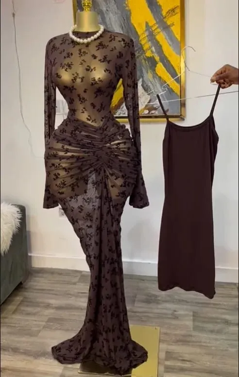CM.YAYA 2025 Maglia a maniche lunghe increspata da donna Vedi anche se con fodera aderente Abito lungo Autunno sera Compleanno Abiti da festa sexy — image 8