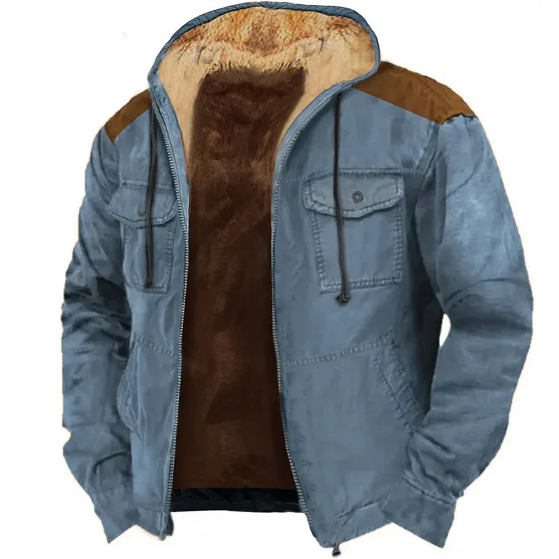 Men's Winter Fleece Hoodies Solid Patchwork Fashion Hooded Windbreaker Jacket Male Loose Work Wear Clothes Sweatshirt Outwear — image 13