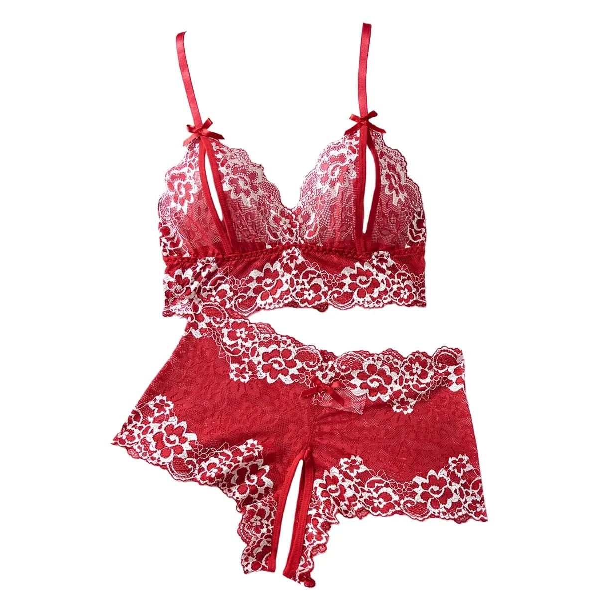 Lingerie d'été Sexy pour femmes, 2pce, pantalon à entrejambe ouvert et soutien-gorge à pointe ouverte, sous-vêtements pour adultes, ensemble de soutien-gorge en dentelle à fleurs transparentes — image 1