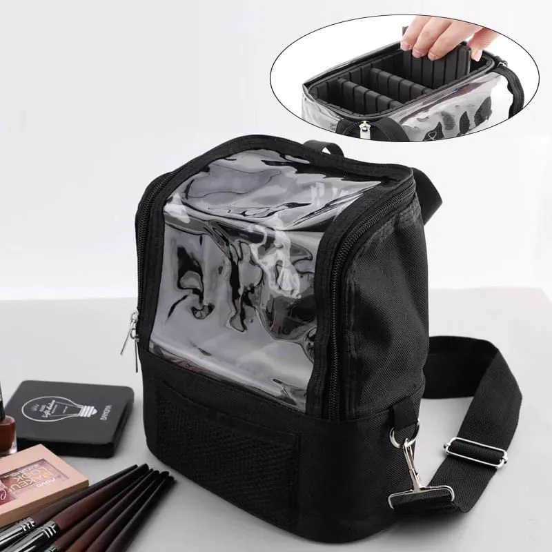 Porte-pinceau de maquillage transparent avec couvercle, sac de rangement pour pinceaux de maquillage de grande capacité, sacs de maquilleur debout avec sangle et séparateurs — image 1