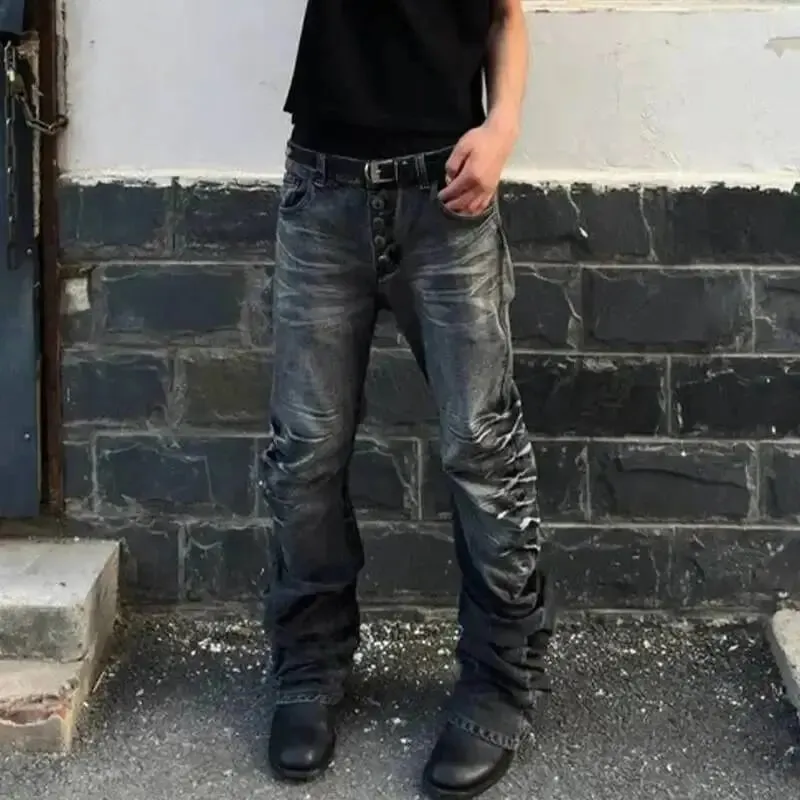 Amerikanische männer Denim Hosen Waschen Taste Design Plissee Lose Jeans Kontrast Farbe Casual Männlichen Unten Vintage 4K5156 — image 5