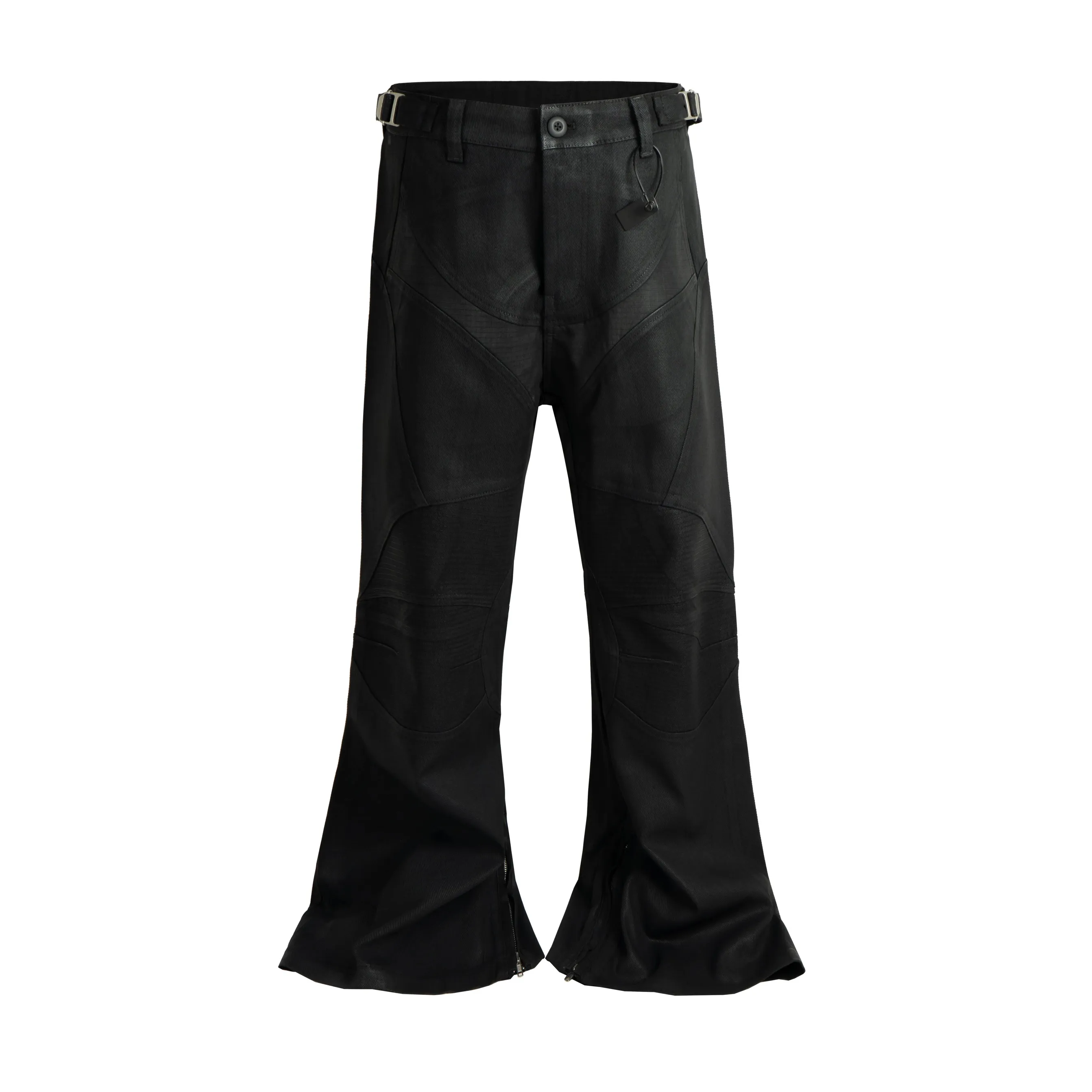 Techwear Стиль Вощеное покрытие Плиссированные лоскутные расклешенные джинсы в стиле панк Мужская пряжка на талии Дизайн Винтажные мотоциклетные повседневные брюки — image 5