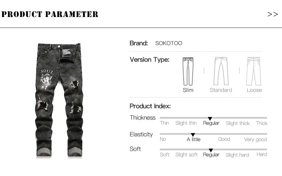 Men Angle Printed Denim Jeans Streetwear Patch Holes Ripped Pants Black Stretch Cotton Slim Straight Trousers — image 7