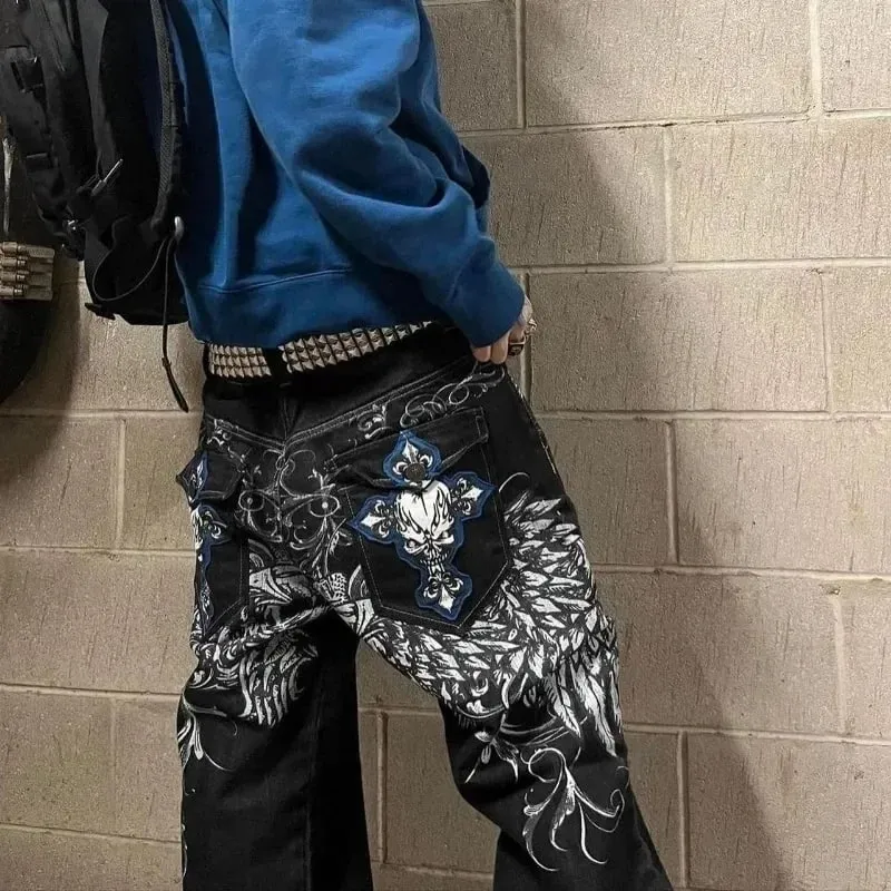 Américain Rétro Y2K High Street Gothique Brodé Hommes Noir Rouge Motif Taille Haute Jeans Rue Couple Pantalons Décontractés — image 4