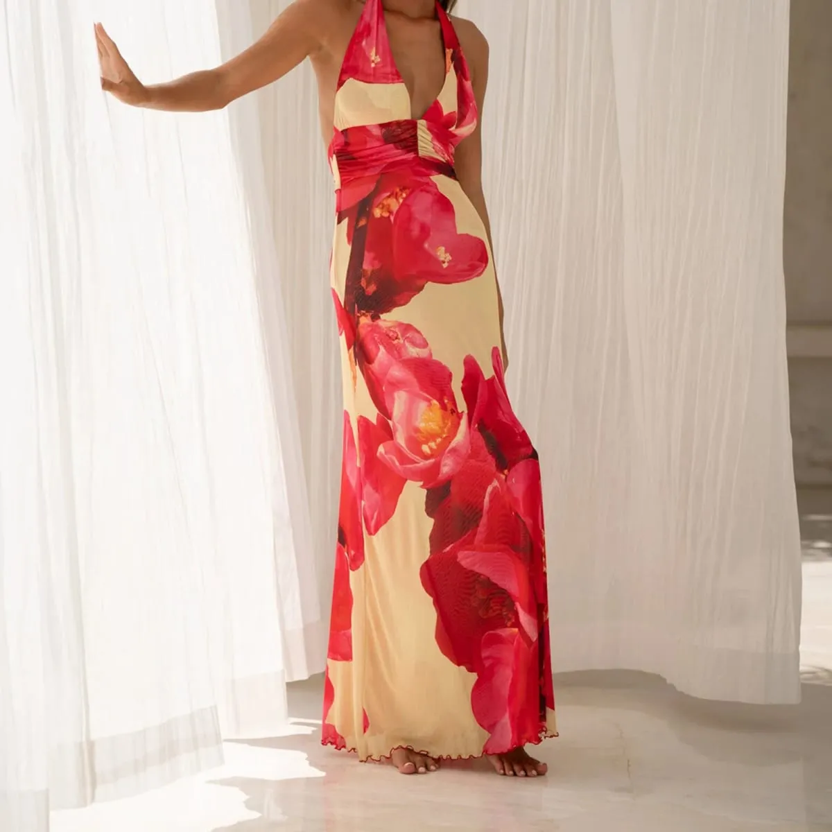 Combhasaki Robe longue d'été sans manches pour femme, col en v profond, dos nu, imprimé fleurs/points, ourlet à volants, maille froncée, ligne a — image 5