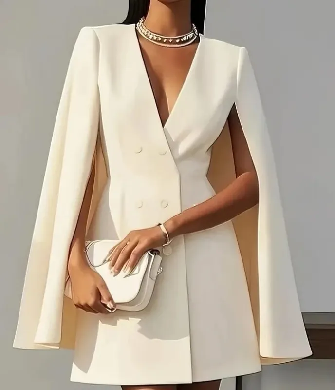 Frauen Kleider 2025 Frühling Herbst Neue Pendeln Zweireiher Schal Cape Einfarbig V-ausschnitt Mini Kleid frauen Kleidung — image 2