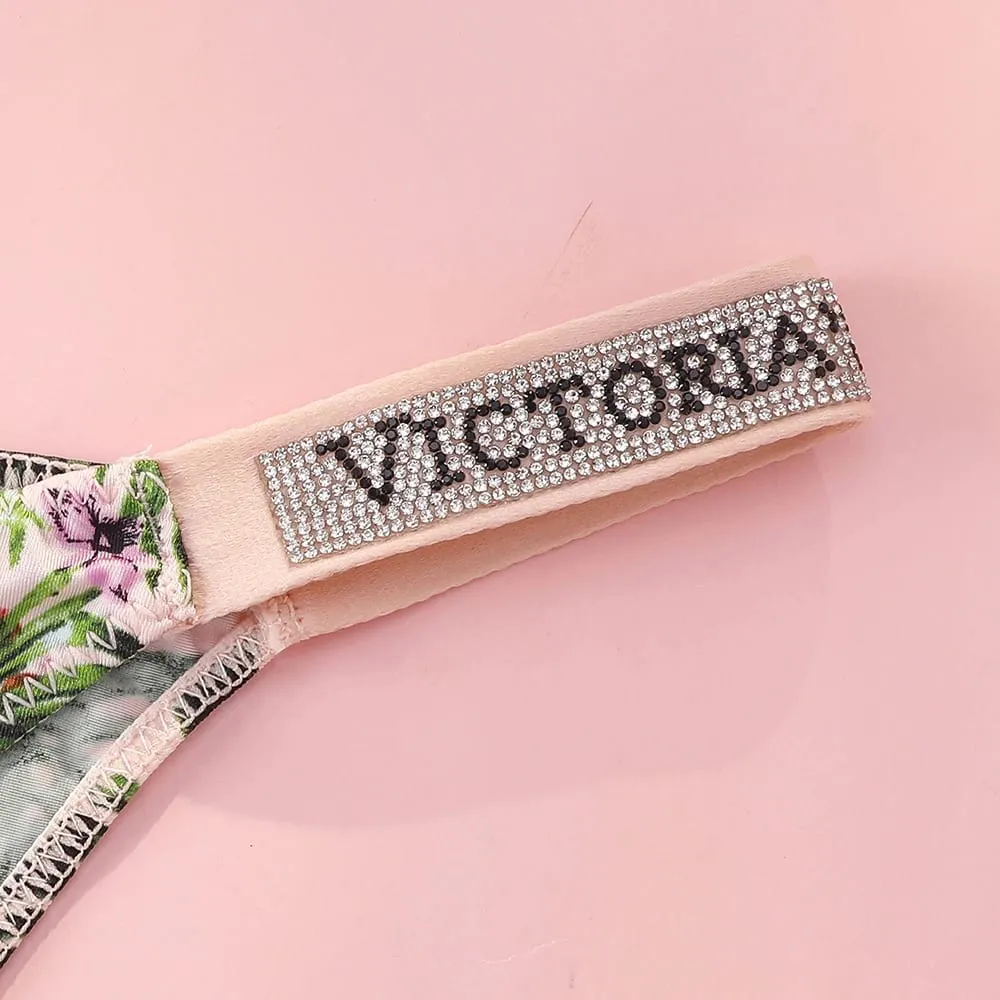 VS Molto sexy Logo Shine Strap Reggiseno push up floreale tropicale Shine Script Perizoma Slip Victoria Secret Set di lingerie sexy — image 2