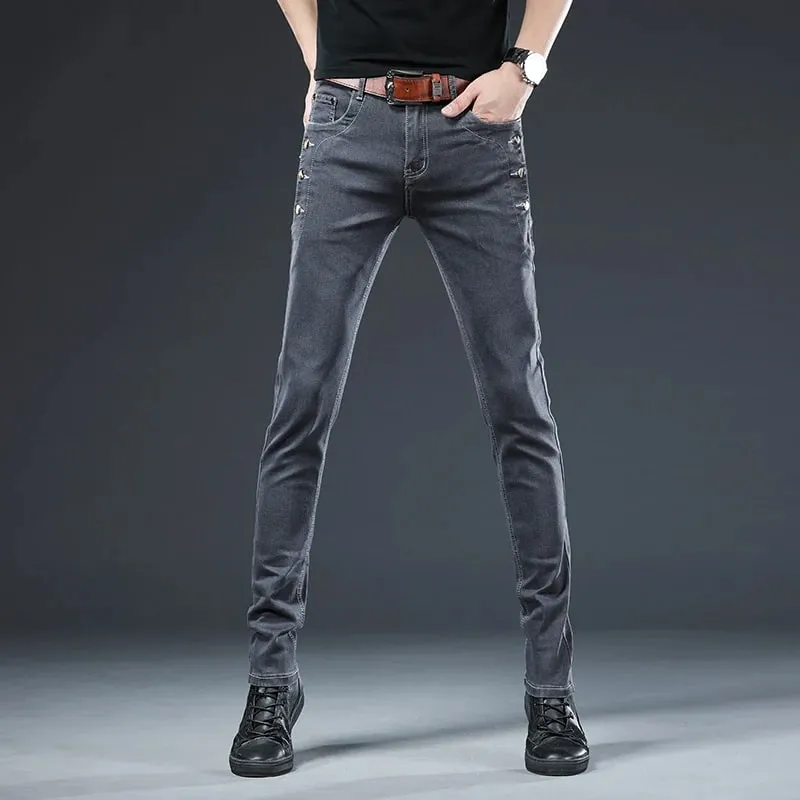Nye Mænd Slim Button Sort Skinny Jeans Ensfarvet Stretch Skateboard Multi-knap Youth Mandlige denimbukser — image 3