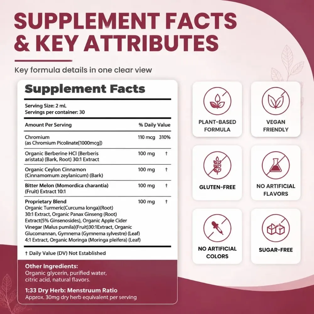 Berberine Tekuté kapky s cejlonskou skořicí Hořký meloun Chrom Gymnema pro podporu metabolismu krevního cukru a glukózy 60 ml — image 4