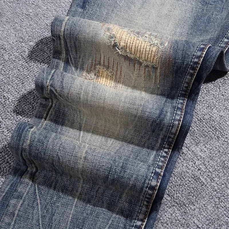 2023 Musim Bunga dan Musim Gugur Fesyen Klasik Baru Warna Pepejal Koyak Seluar Kaki Kecil Keselesaan Kasual Seluar Jeans Berkualiti Tinggi Elastik Lelaki — image 4