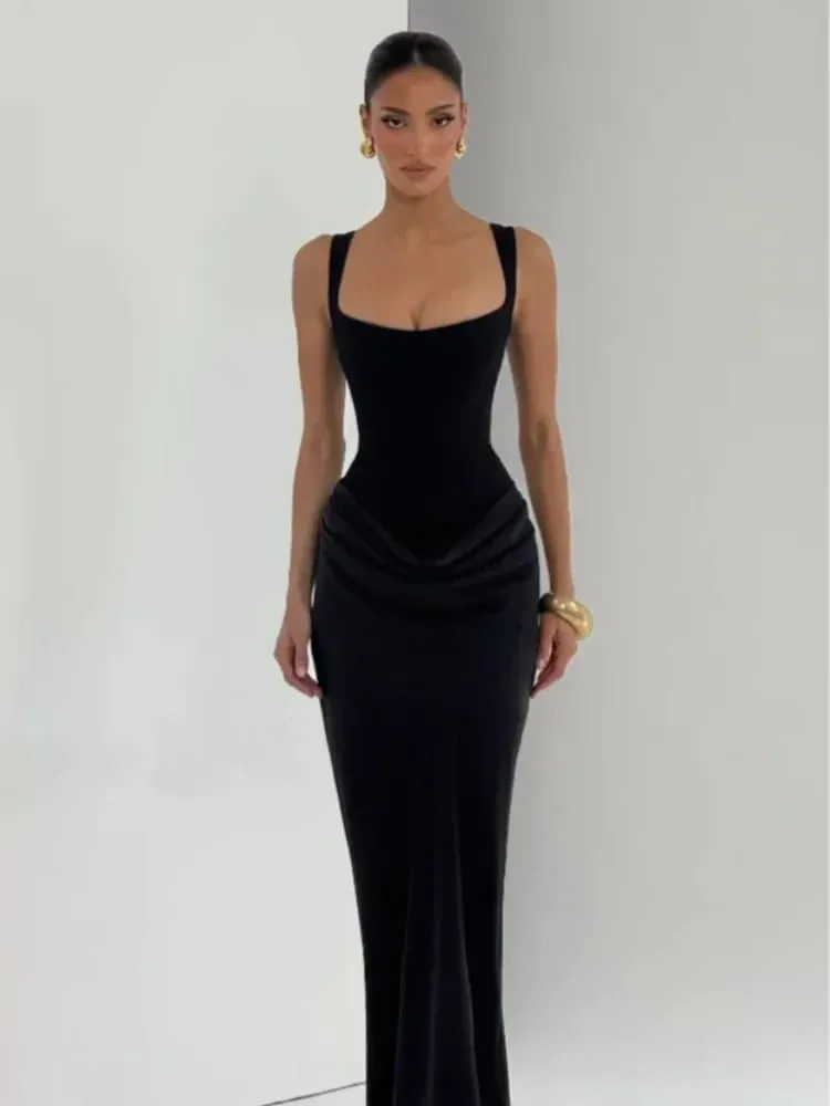 จีบชุดสลิงสแควร์คอปิดไหล่เอว Cinching Slim ชุดสตรีแฟชั่นชุดราตรีชุดราตรี 2025 — image 2