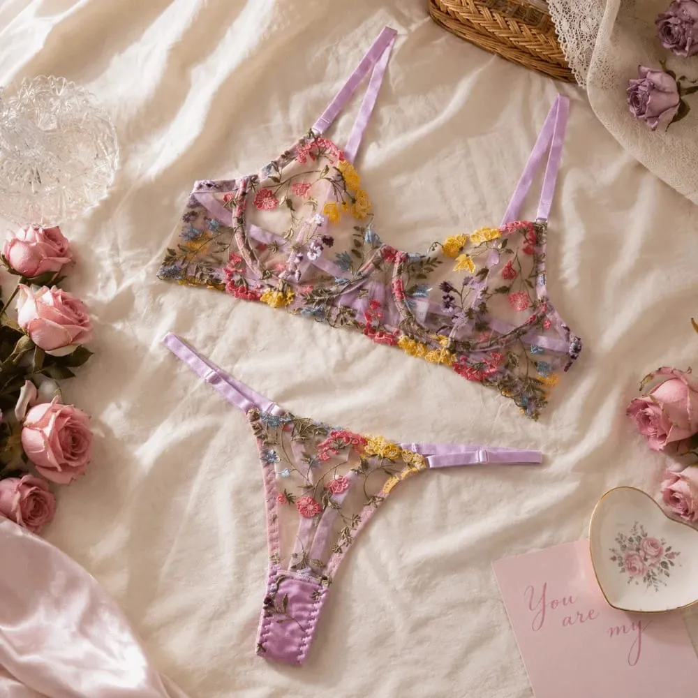 Set Lingerie Transparan Intim Tipis Set Bra Celana Dalam Ultratipis Push Up Pakaian Dalam Bunga Bordir Elegan Anak Perempuan — image 4