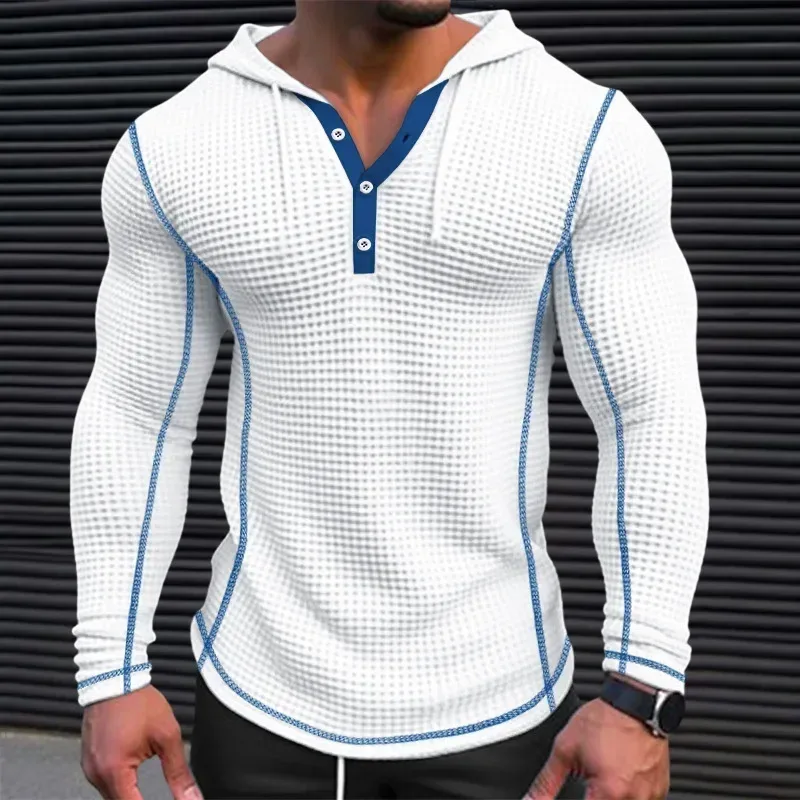 Waffle Katı Kumaş Slim Fit Kapüşonlular Erkekler V Yaka Düğmesi Rahat Tişörtü Hip Hop Sokak Kazak erkek Spor Uzun Kollu Tops — image 7