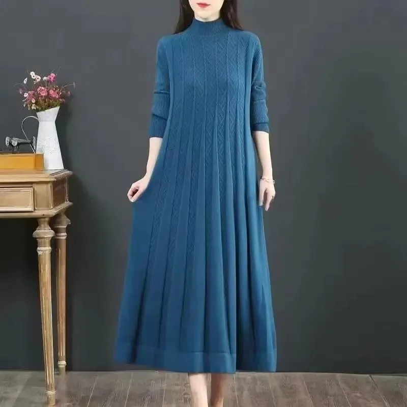 Herbst/Winter Frauen Gestrickte Kleid 2025 Neue Feste Lose Pullover Halb Hohe Kragen Lange Gestrickte Pullover Kleid Weibliche Hohe-qualität — image 2