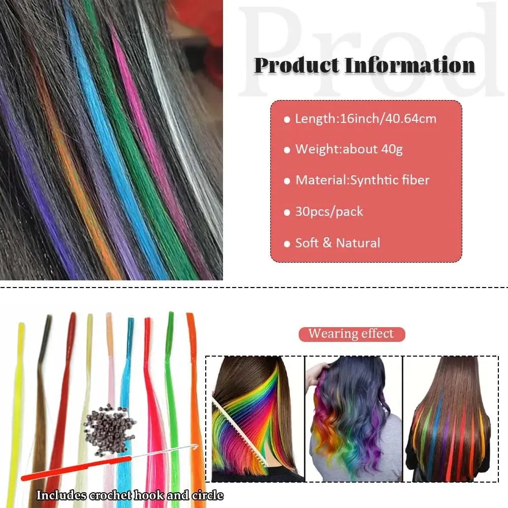 30pcs Sambungan Rambut Berwarna 16-Inci I-Tip Sambungan Sintetik. Kit gaya panjang untuk wanita ini termasuk manik dan alat mengait — image 4