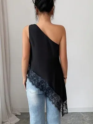 Women's Casual Single-Shoulder Camisole Solid Color Camisole with Lace Splicing and Versatile Style Suitable for Shopping Bea — image 2