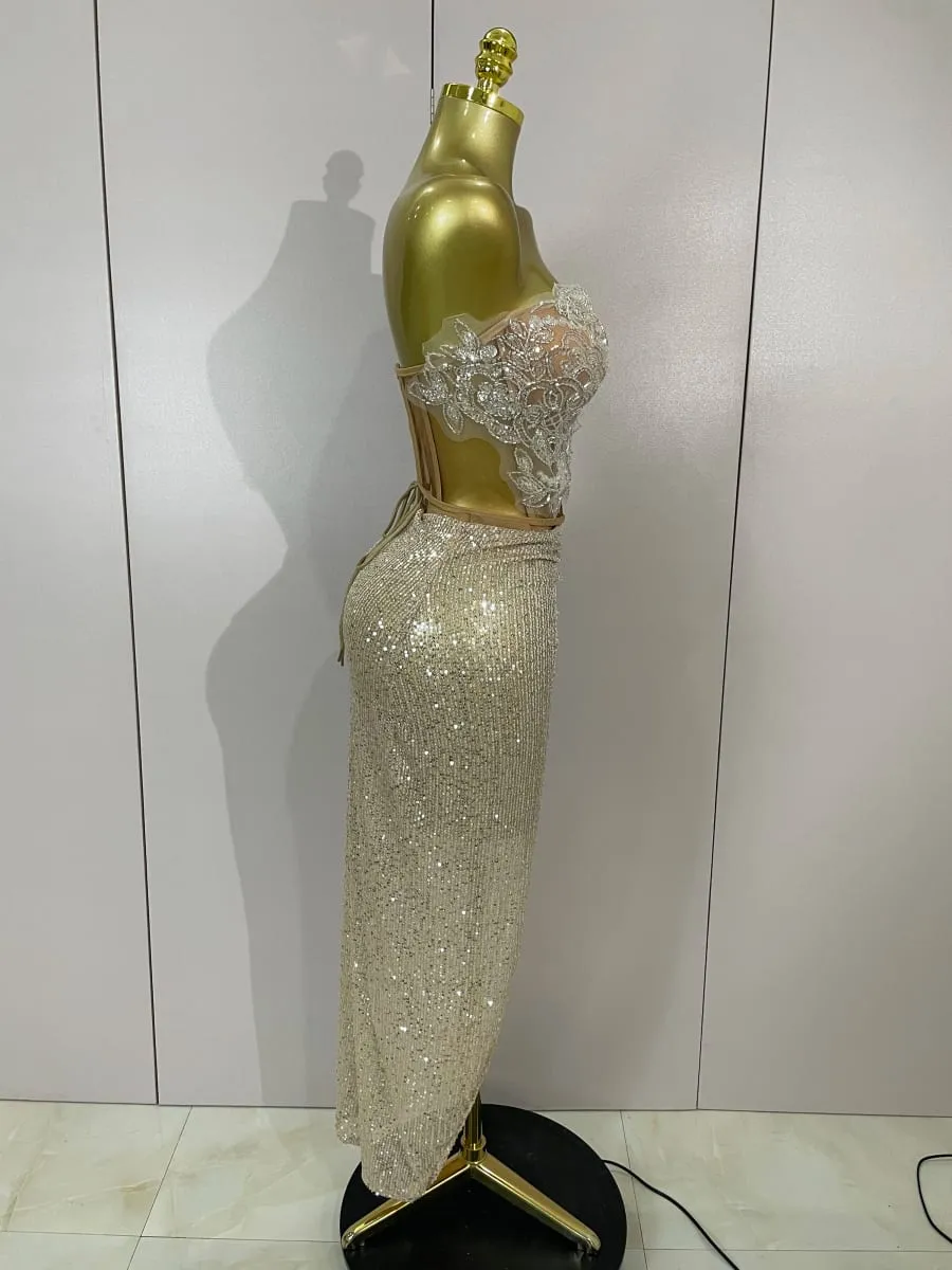 Sparkly Pailletten Perlen Sexy Liebsten Zwei Stücke Set Frauen Abend Feiern Nachtclub Party Luxus Geburtstag Kleid Bühne Kostüm — image 4