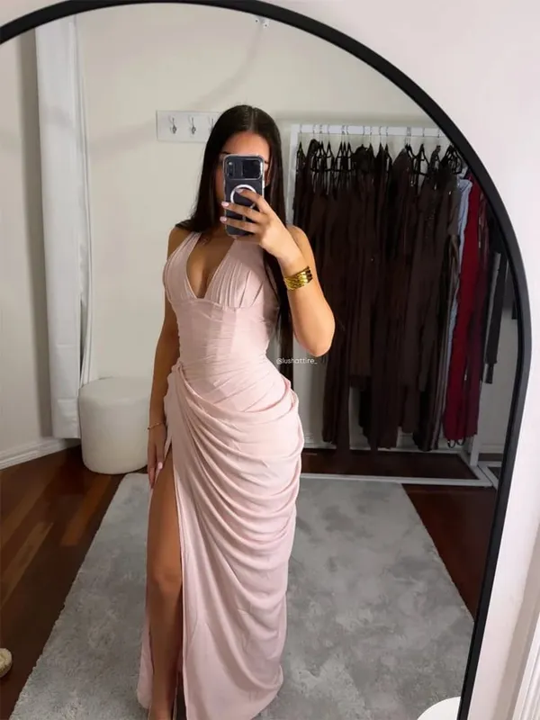 Frauen Sexy Solide Plissee Liebsten Kleid Dame Chic Off-schulter Backless Hohe Taille Split Kleider 2026 Sommer Abend Party kleid — image 23