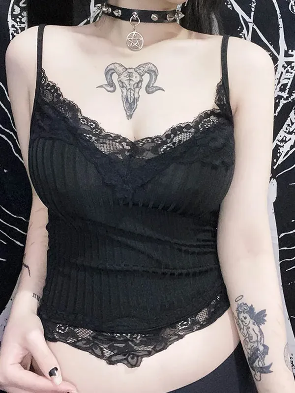 Gothic Basic Bodycon Women Camis Grunge Punk Black Casual Lace Trim Crop Tops Ribbed Backless Alt Clothes Summer — image 2