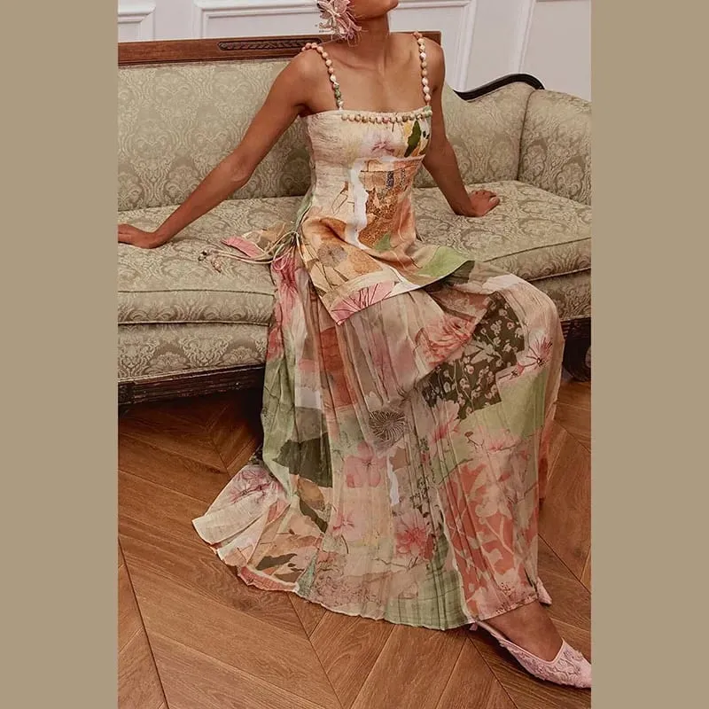 เซ็กซี่พิมพ์ลูกปัดยาวผู้หญิงชุดPatchworkแขนกุดBackless A-Lineชุดสลิง 2026 ฤดูร้อนLady Holiday Robes — image 4