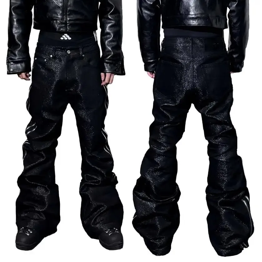 Jeans bootcut con trama metallica intrecciata in filo d'argento di alta qualità Jeans impilati punk gotico con doppie cerniere laterali da uomo — image 3
