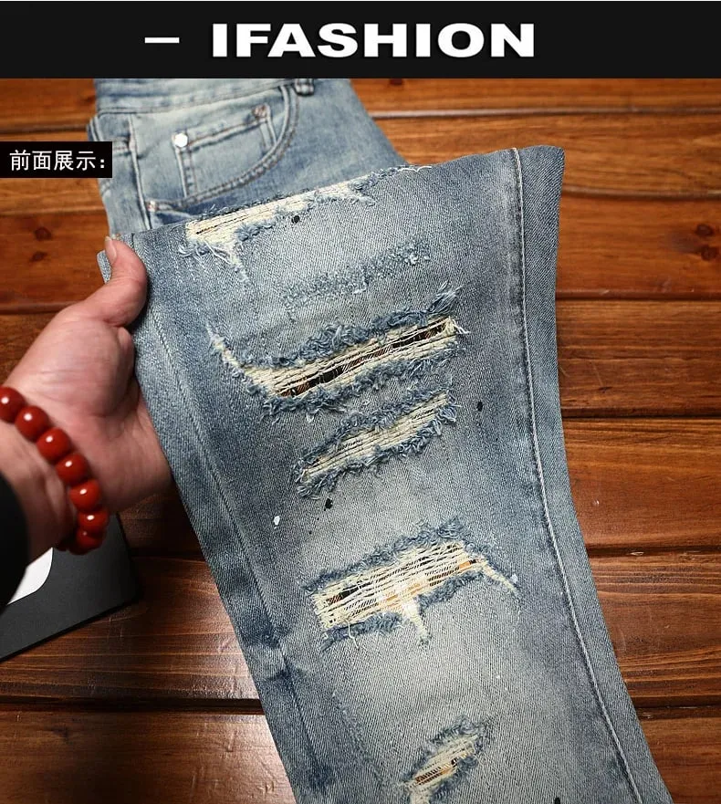 Zerrissene Patch-Jeans für Herren, abgenutzt und abgenutzt, schmal geschnitten, für den Sommer, kleine Füße, elastisch, modisch, nostalgisch, lange Hose im Retro-Stil — image 7