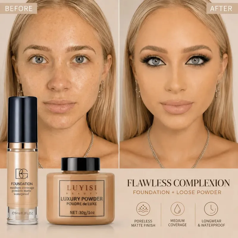 Zestaw do makijażu twarzy: 1 szt. Matowy sypki puder + 1 szt. Wodoodporny podkład Wysoko kryjący, długotrwały efekt kontroli sebum Tworzy naturalny wygląd. — image 5