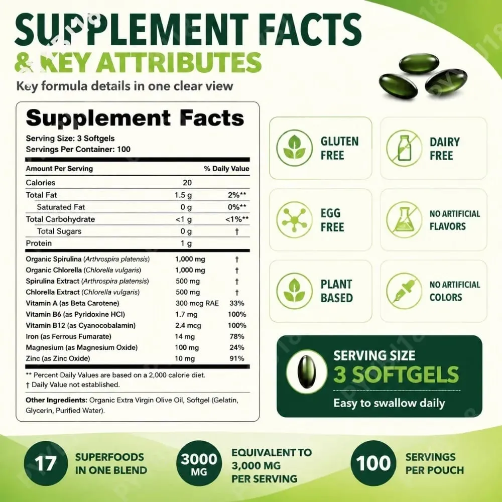 Solo Tree Spirulina Chlorella Softgels dengan Mikroalga Organik Vitamin B6 B12 Keseimbangan Pencernaan & Dukungan Kekebalan Tubuh 300 Softgels — image 4