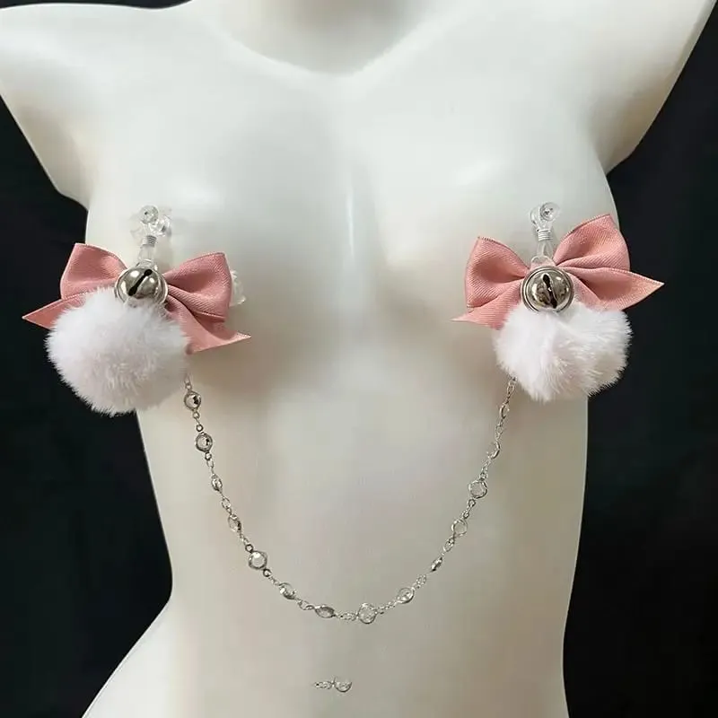 Flauschige Schleife Nippelklammern Glöckchenkragen Körperkette Rosa Brustfesseln BDSM Sexspielzeug für Erwachsene für Frauen — image 8