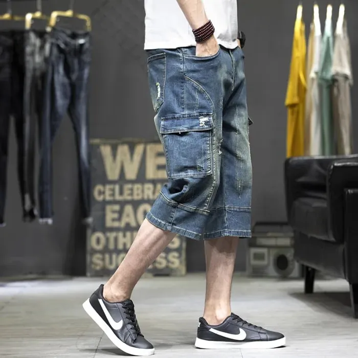 Pantaloncini cargo da uomo in denim al ginocchio, mezzo lungo, bermuda, jeans corti, pantaloni da uomo con tasche, pantaloni blu di lusso, streetwear sottile