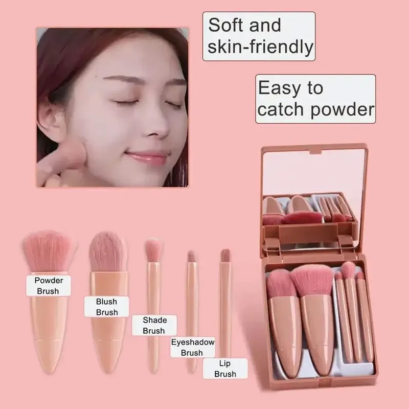 Βούρτσες Small Complete Function Cosmetic Brushes Kit with Case and Mirror 5 τμχ Σετ πινέλα μακιγιάζ μεγέθους ταξιδιού Mini makeup — image 4