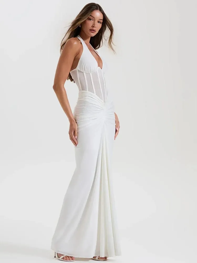 MO Patchwork Sexy Tiefem V-ausschnitt Halter Frauen Maxi Kleid Rückenfreies Durchsichtiges Kleid Sommer Schlank Elegantes Party Abendkleid — image 2