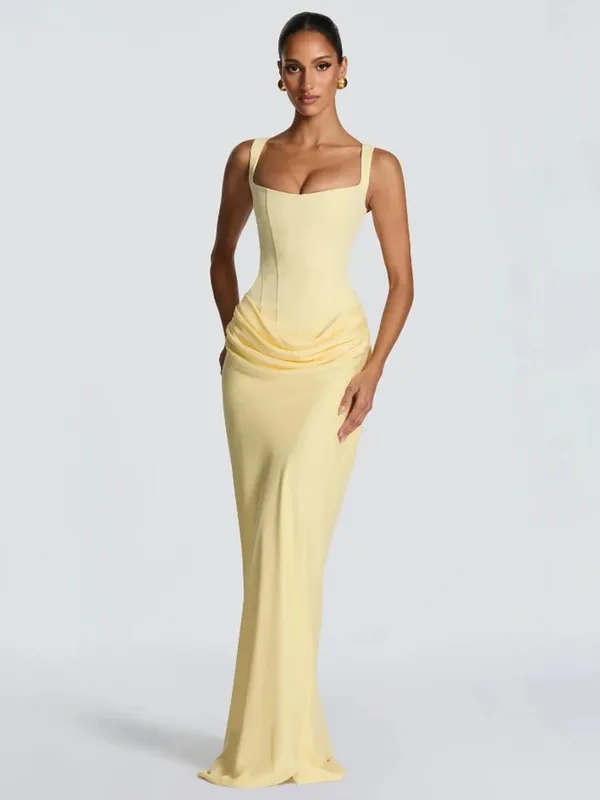 Elegante abito lungo pieghettato giallo senza spalline da donna Chic abito senza maniche solido in vita che stringe l'abito diviso 2026 abiti da sera da sera per donna — image 16