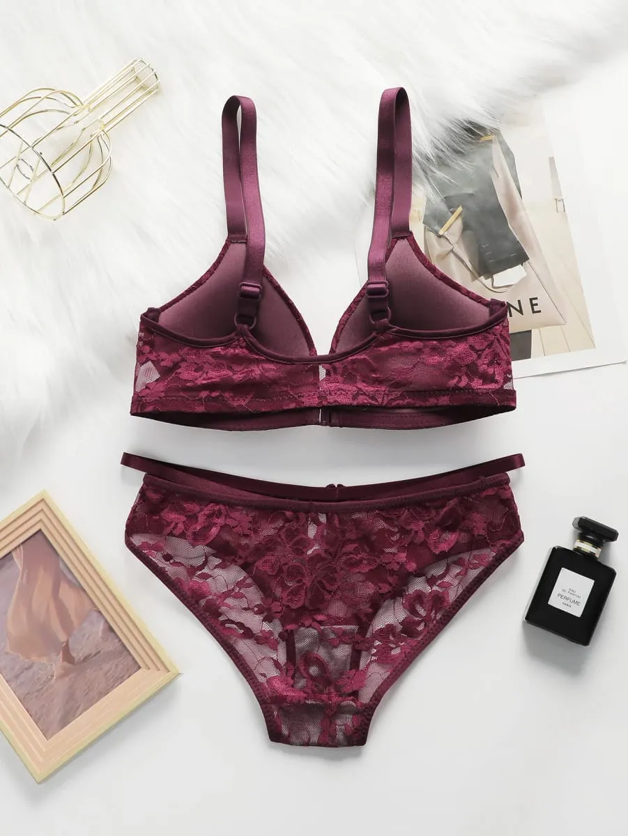 ผู้หญิง Sheer Lace Bra ชุดตะขอปิดด้านหน้าไร้สาย V คอ Brassiere Burgundy ดอกไม้ลูกไม้ชุดชั้นในกางเกงชั้นในเซ็กซี่ชุดชั้นใน — image 2