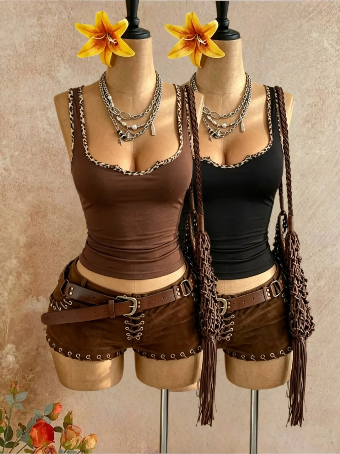 2 pezzi donna stampa leopardata con scollo a U senza maniche canotta tinta unita slim fit occidentale Y2K Cami gilet multicolore vino rosso nero — image 6
