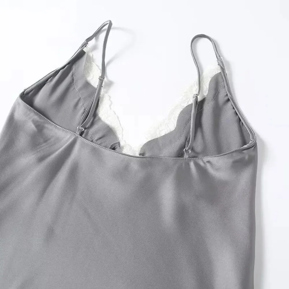 Casual Enfärgad spets Patchwork Tankar Spaghetti Rem Andas Satin Camisole Ärmlösa V-ringad Toppar Party Outfit — image 7