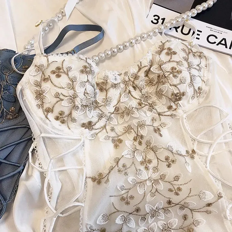 Ensemble de soutien-gorge une pièce avec broderie tridimensionnelle de pétales de fleurs, lingerie, anneau en acier doux, sangle sexy, sous-vêtements façonnant le fichier ouvert — image 7