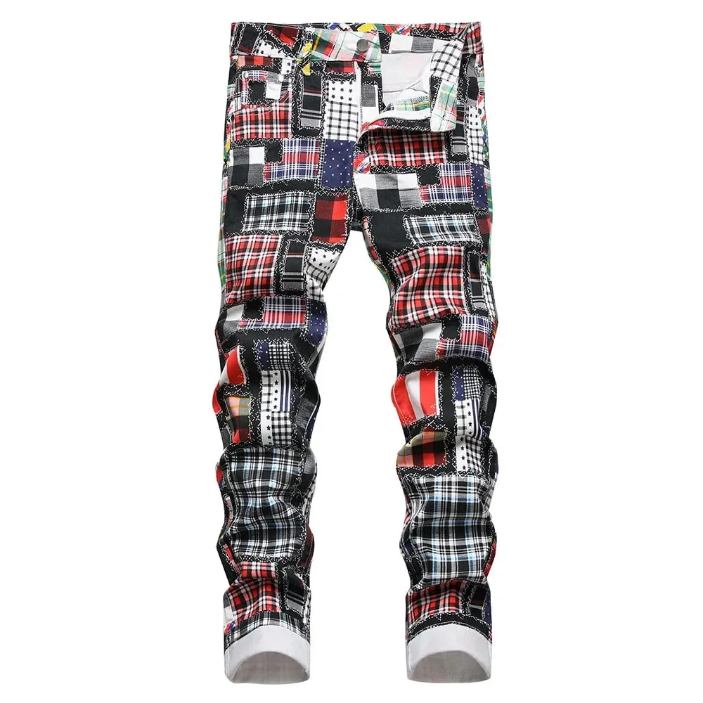 Jeans da uomo con stampa digitale scozzese Toppe alla moda Pantaloni in denim elasticizzato patchwork Pantaloni dritti slim