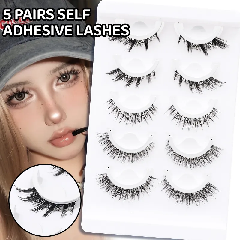 5 Paar Manga-selbstklebende falsche Wimpern im gemischten Stil, kleberfreie, wiederverwendbare natürliche Streifenwimpern für das tägliche Augen-Make-up — image 2