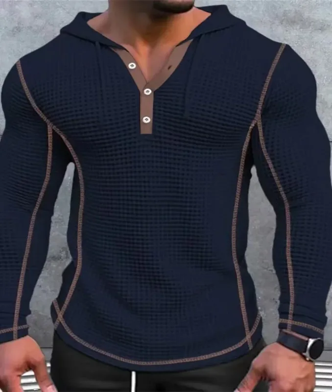 Waffle Katı Kumaş Slim Fit Kapüşonlular Erkekler V Yaka Düğmesi Rahat Tişörtü Hip Hop Sokak Kazak erkek Spor Uzun Kollu Tops — image 5