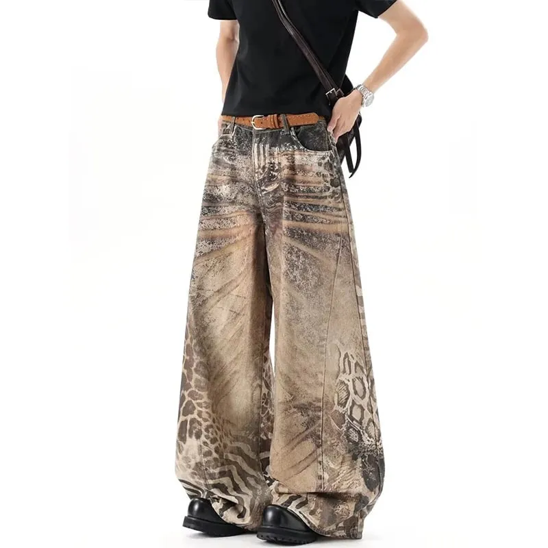 Jeans da uomo larghi stampati leopardati marroni lavati effetto streetwear Pantaloni lunghi in denim a gamba larga casual Estate Novità — image 3