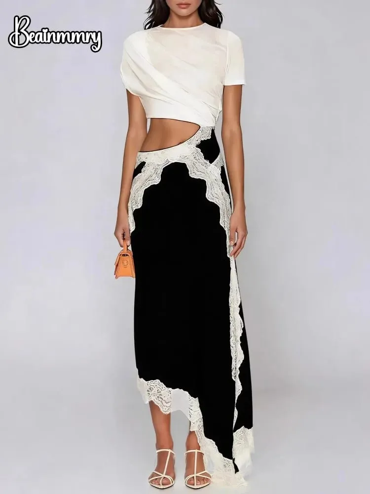 Lace Patchwork Cut Out Kortærmet snoet t-shirt farveblok samlet blondepanel Maxikjoler Dame Chic Daglig Outfit — image 1