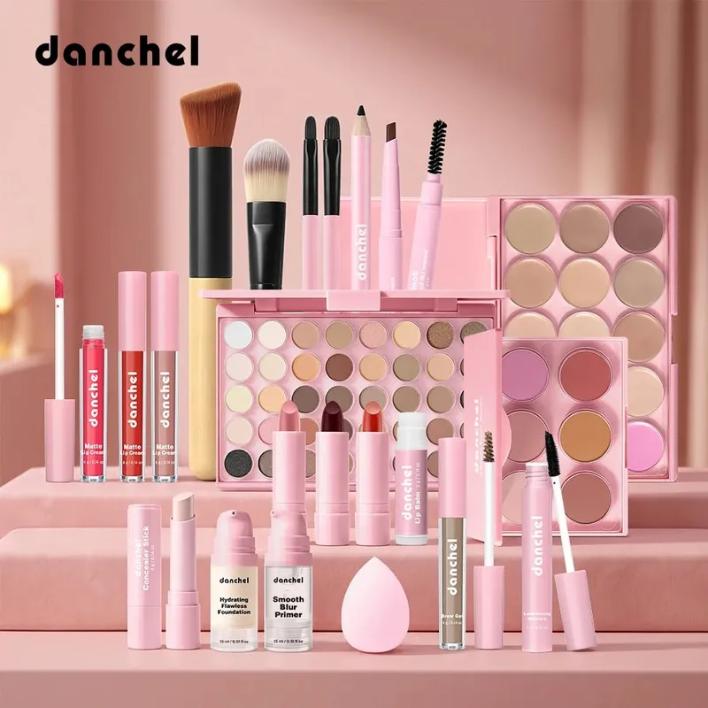 Set Solek Wajah Pembayang Mata Kontur Blush Gincu Foundation Concealer Eyeliner Eyeliner Maskara Kit Kosmetik Dengan Berus Solek