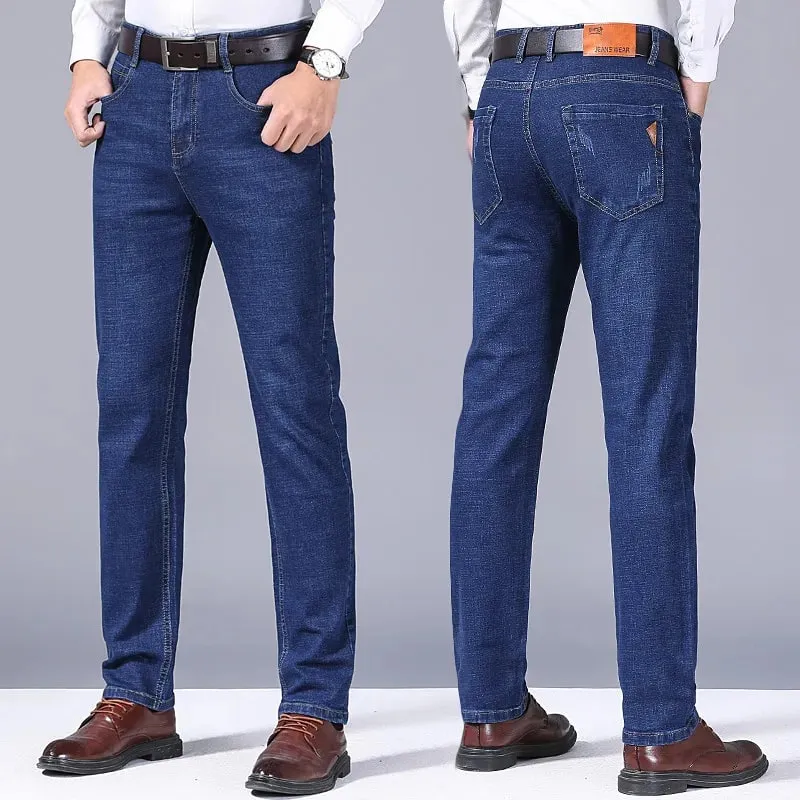 2024 Summer Thin Men's Elastic Cotton Jeans Fashion Gray Comfortable Business Straight Casual Pants High Quality Brand Trousers — image 1