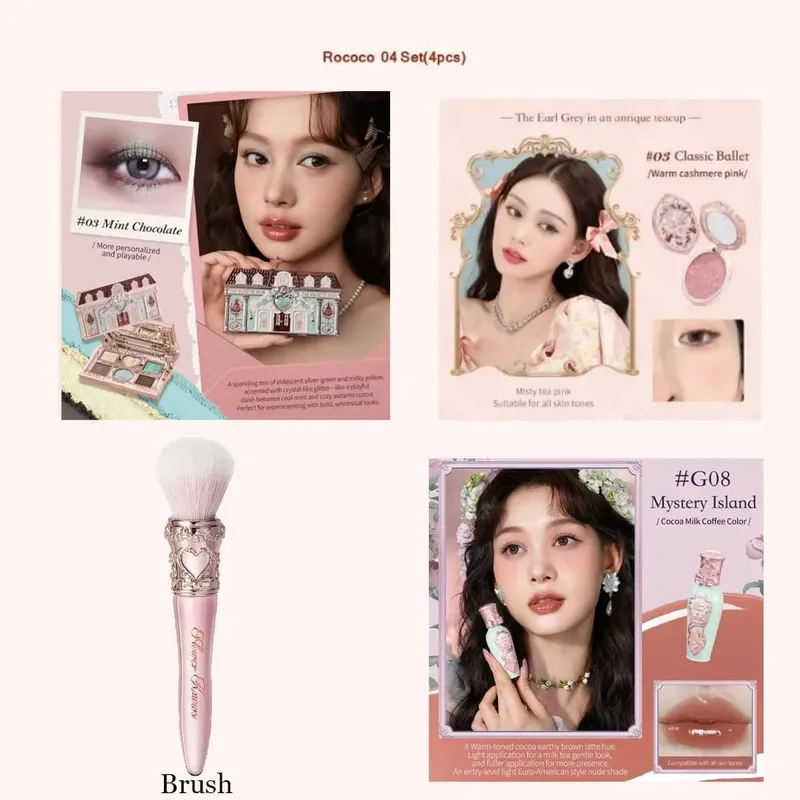 مجموعة مكياج من سلسلة فلاور نوز ستروبيري روكوكو، لوحة ظلال عيون لامعة غير لامعة، أحمر الخدود، مجموعة أحمر الشفاه المخملية، مجموعة عطور