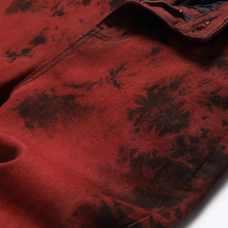 Men Tie and Dye Stretch Denim Jeans Brick Red Slim Straight Pants Streetwear Trousers — image 3