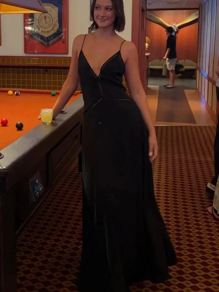 Zarif Derin V Yaka Backless Uzun Elbise Kadınlar Katı Spagetti Kayışı Kolsuz Sling Elbiseler 2026 Bayan Tatil Parti vestidos — image 6